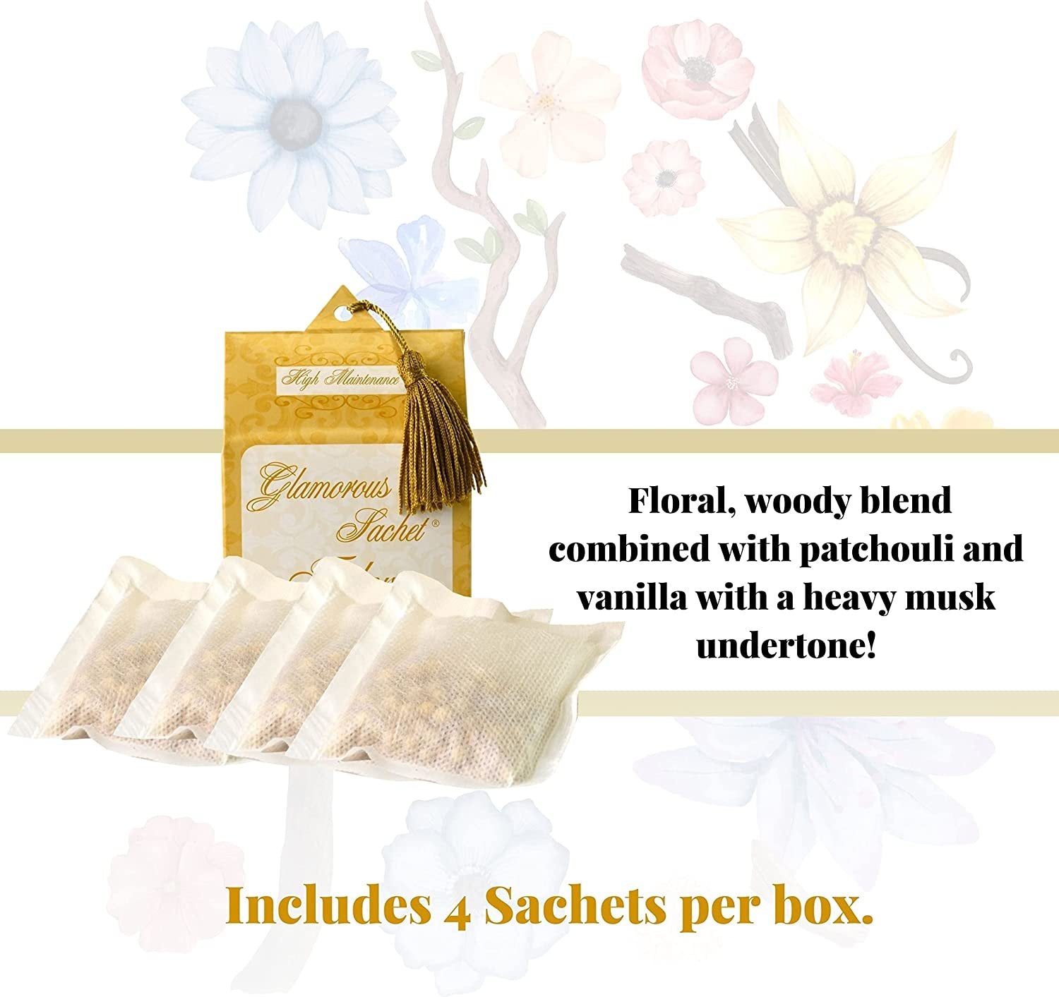 Tyler Candle Company High Maintenance Dryer Sheet Sachets - Glamorous Reusable Dryer Sheets - Sachets for Drawers and Closets - 1 Pack, 4 Sachets, Dryer, Home, or Personal Sachet, with Bonus Key Chain