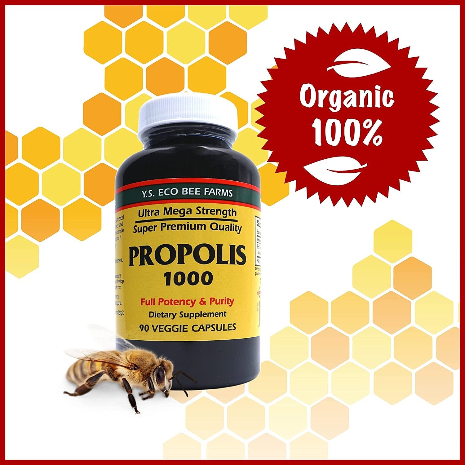 Y.S. Eco Bee Farms Ultra Mega Strength Propolis 1000 Dietary Supplement - 90 Ct Veggie Capsules - Organic Bee Pollen Supplement for Optimal Health and Wellness