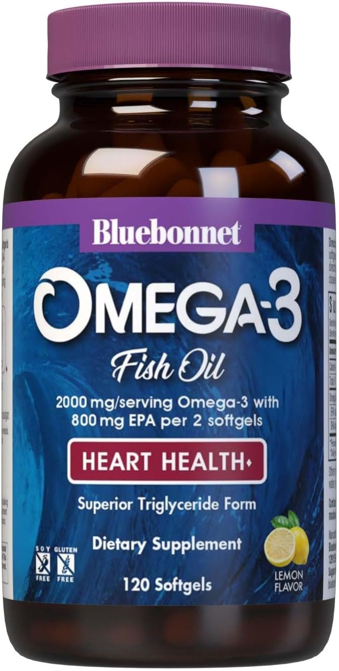 Bluebonnet Nutrition Omega-3 Heart Formula Natural Wild Caught Triglyceride Form DHA 600 mg EPA 800 mg - Highly Concentrated Cardiovascular Health Support Supplement - Gluten-Free - 120 Softgel