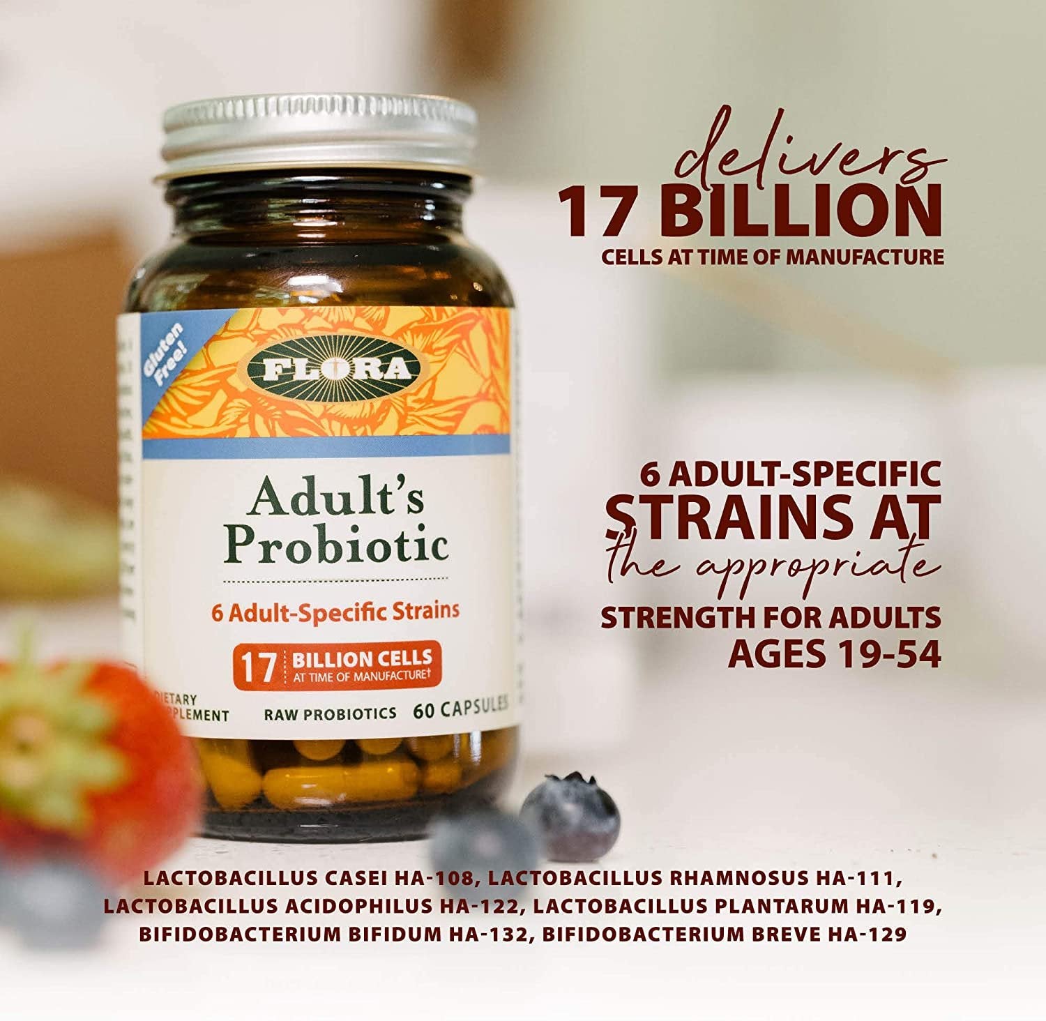 Flora - Adult's Probiotic Blend, Six Adult-Specific Strains, Gluten Free, Raw Probiotic with 17 Billion Cells, 120 Vegetarian Capsules