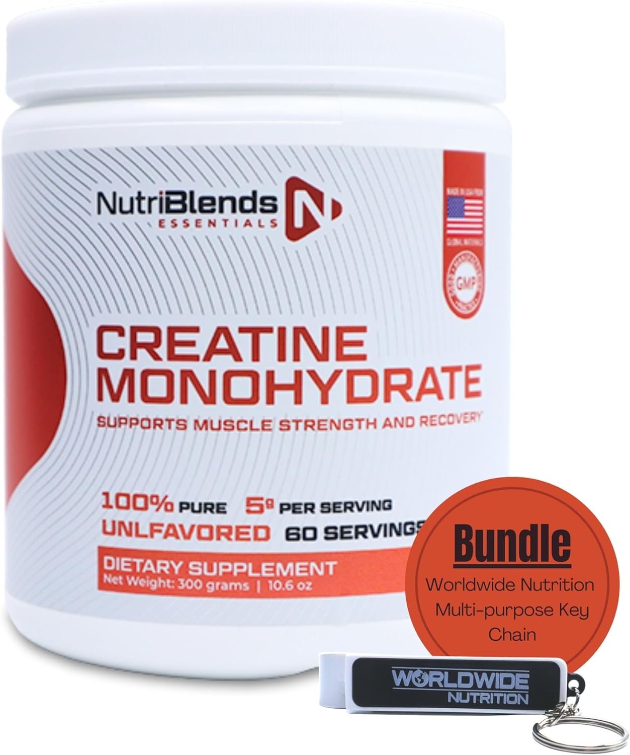 NutriBlends Creatine Monohydrate Powder 100% Pure - Unflavored, Vegan, Keto Friendly - 300 Grams Optimum Micronized Creatine Powder and Multi-Purpose Key Chain
