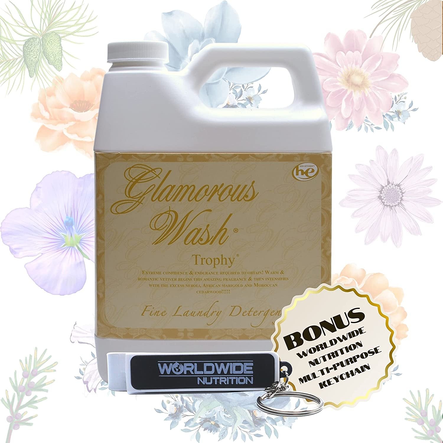 Tyler Candle Company Glamorous Wash Trophy Scent Fine Laundry Liquid Detergent - Liquid Laundry Detergent for Clothing - Hand and Machine Washable - 32 oz (907 g) Container w Bonus Key Chain