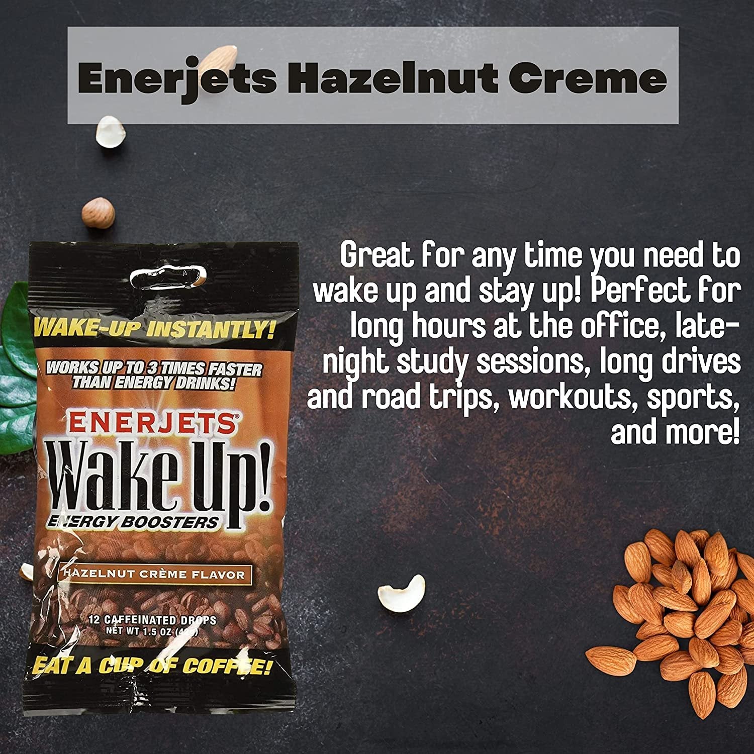 Enerjets Wake Up Energy Booster Caffeinated Drops - Instant Coffee Energy Supplements - Hazelnut Creme Flavor - Pack of 3, 12 Drops Per Package with Keychain