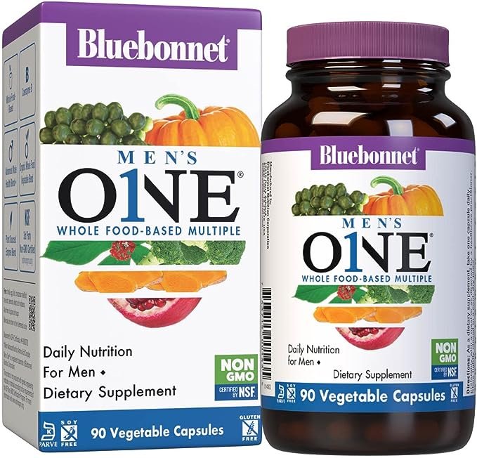 Bluebonnet Nutrition Men’s One Vegetable Capsule, Whole Food Multiple, K2, Organic, Energy, Vitality, Non-GMO, Gluten, Soy & Milk Free, Kosher, 3 Month Supply, 90 Count