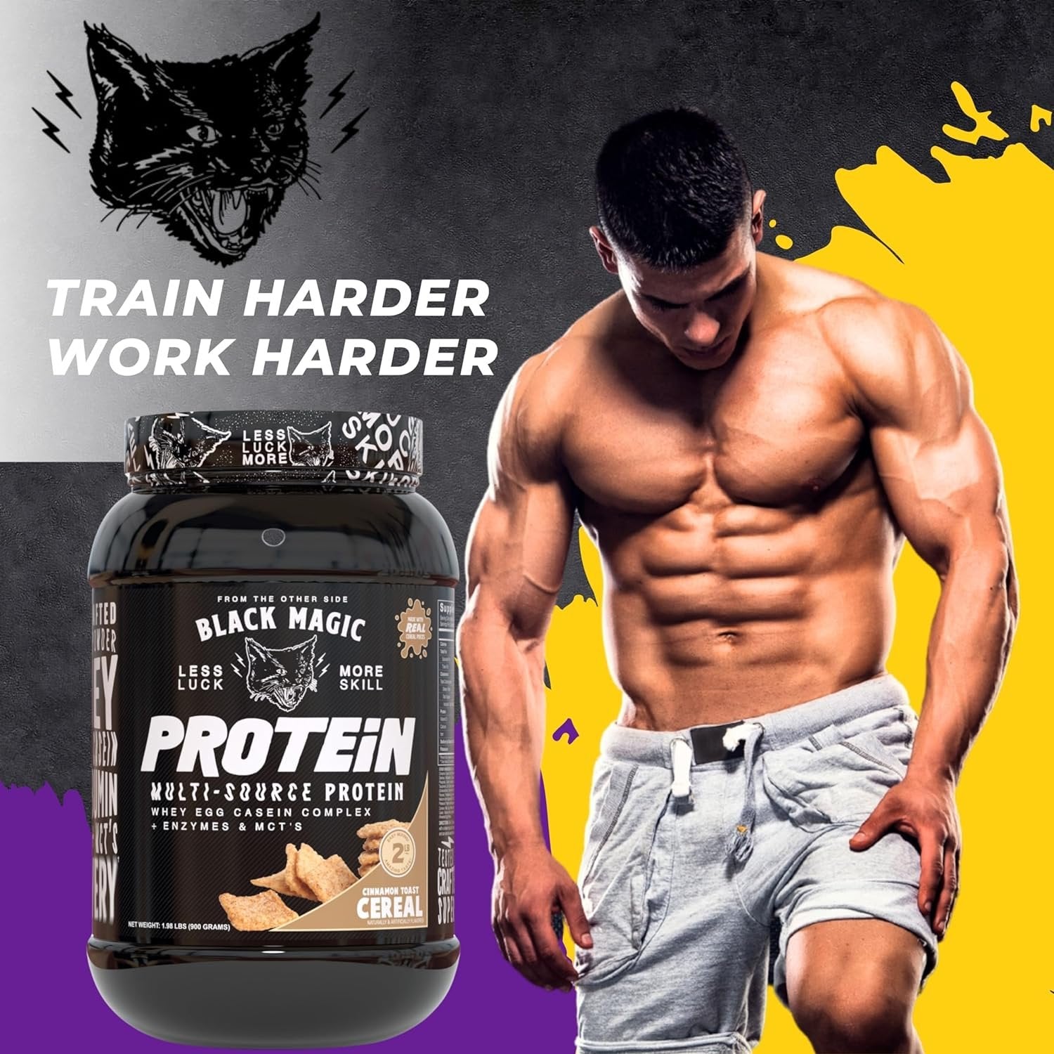 Black Magic Multi-Source Protein - Whey, Egg, and Casein Complex with Enzymes & MCT Powder - Pre Workout and Post Workout - Honey Grahms Protein Powder - 24g Protein - 2 LB with Bonus Key Chain