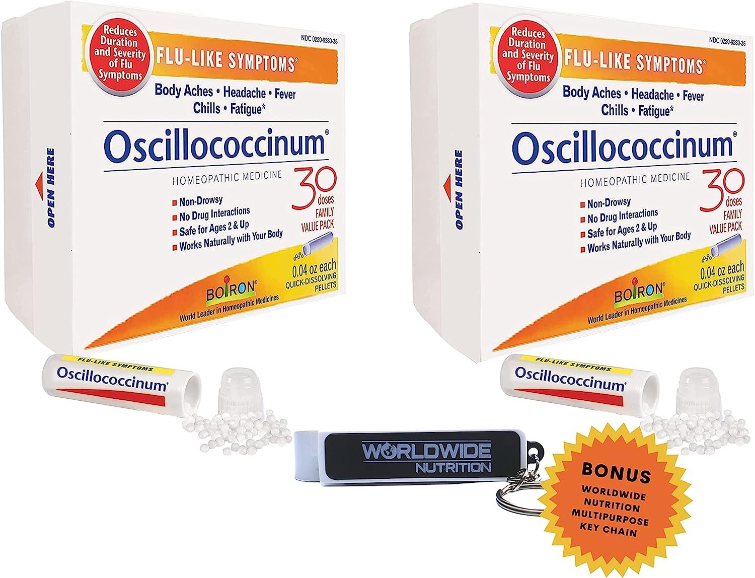 Worldwide Nutrition Boiron Oscillococcinum - Natural Flu-Like Symptom Relief for Body Aches, Headache, Fever, Chills, and Fatigue - 30 Count, Pack of 2 Quick-Dissolving Pellets with Bonus Key Chain