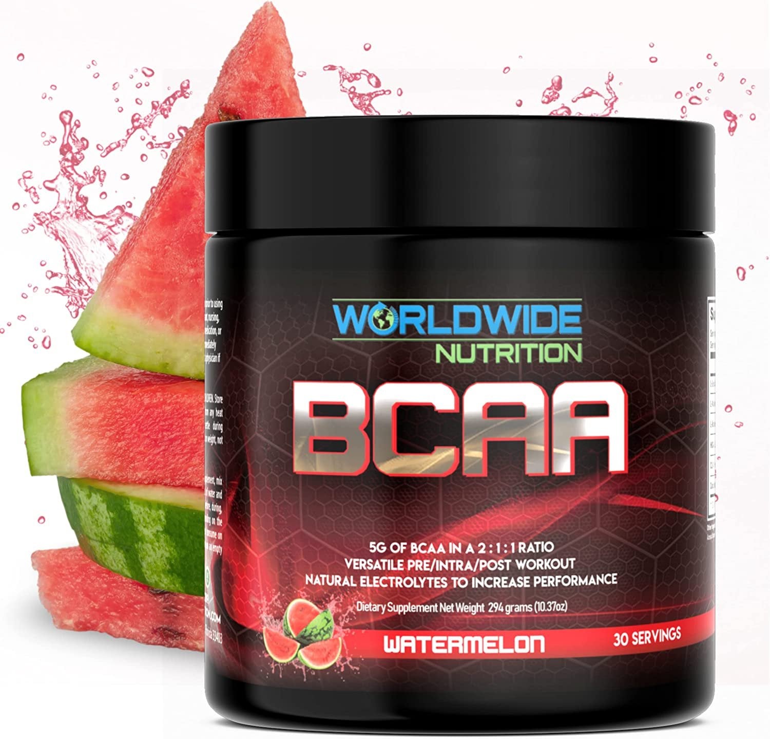Worldwide Nutrition BCAA Powder - Branched Chain Amino Acids -2:1:1 Ratio Pre Intra Post Workout Supplement for Men and Women - Natural Electrolytes Powder for BCAA Energy - Watermelon - 30 Servings