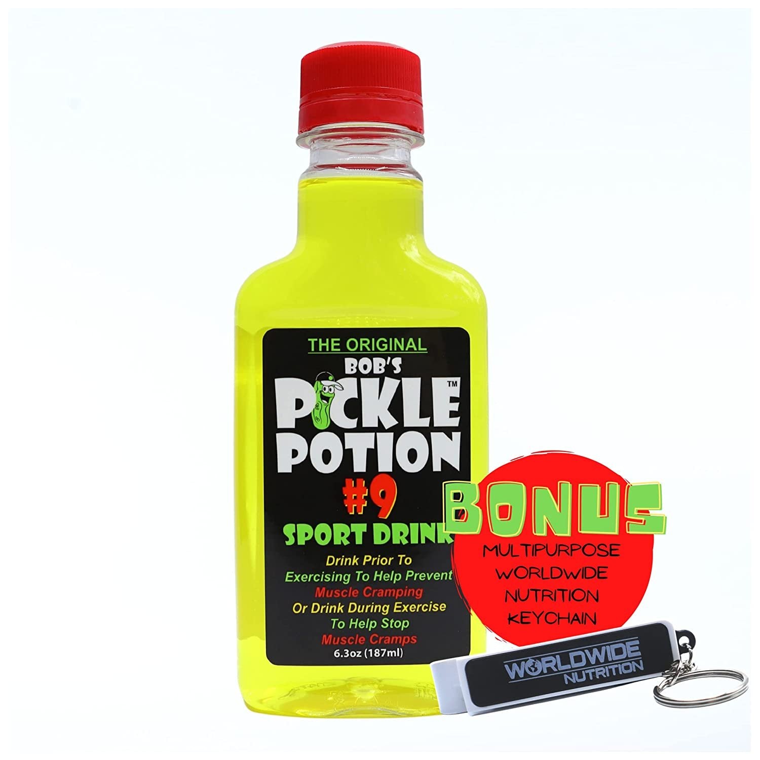 Bob's Pickle Potion 9 Sports Drinks - Electrolyte Drink for Pre Workout or Post Workout - Prime Hydration Drink for Leg Cramp Relief - 6.3 Oz 187ml Individual Pickle Juice Bottle with Bonus Key Chain