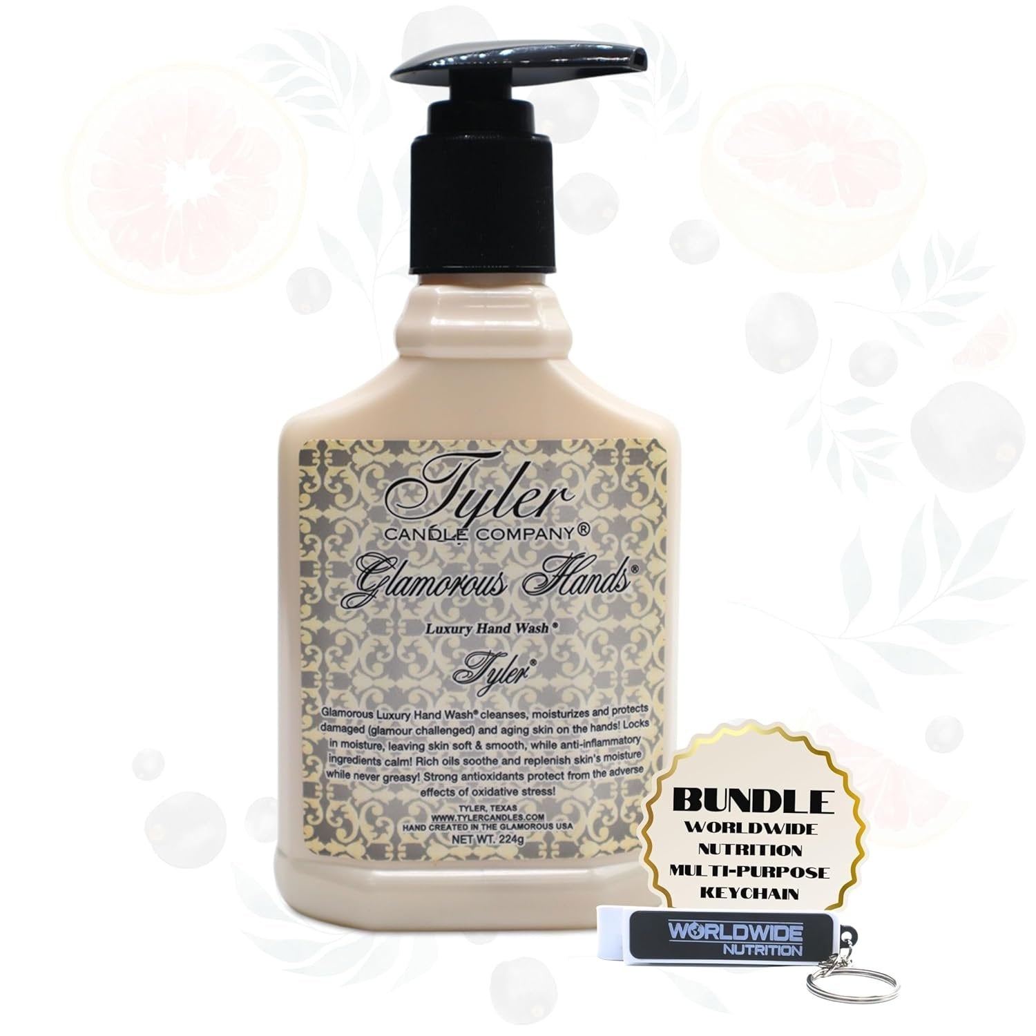 Tyler Candle Company Glamorous Hands - Tyler Luxury Hand Wash - Cleanse, Moisturize, Protect Damage and Aging Skin - 1 Pack of 8 oz (224g) - with Multi-Purpose Keychain