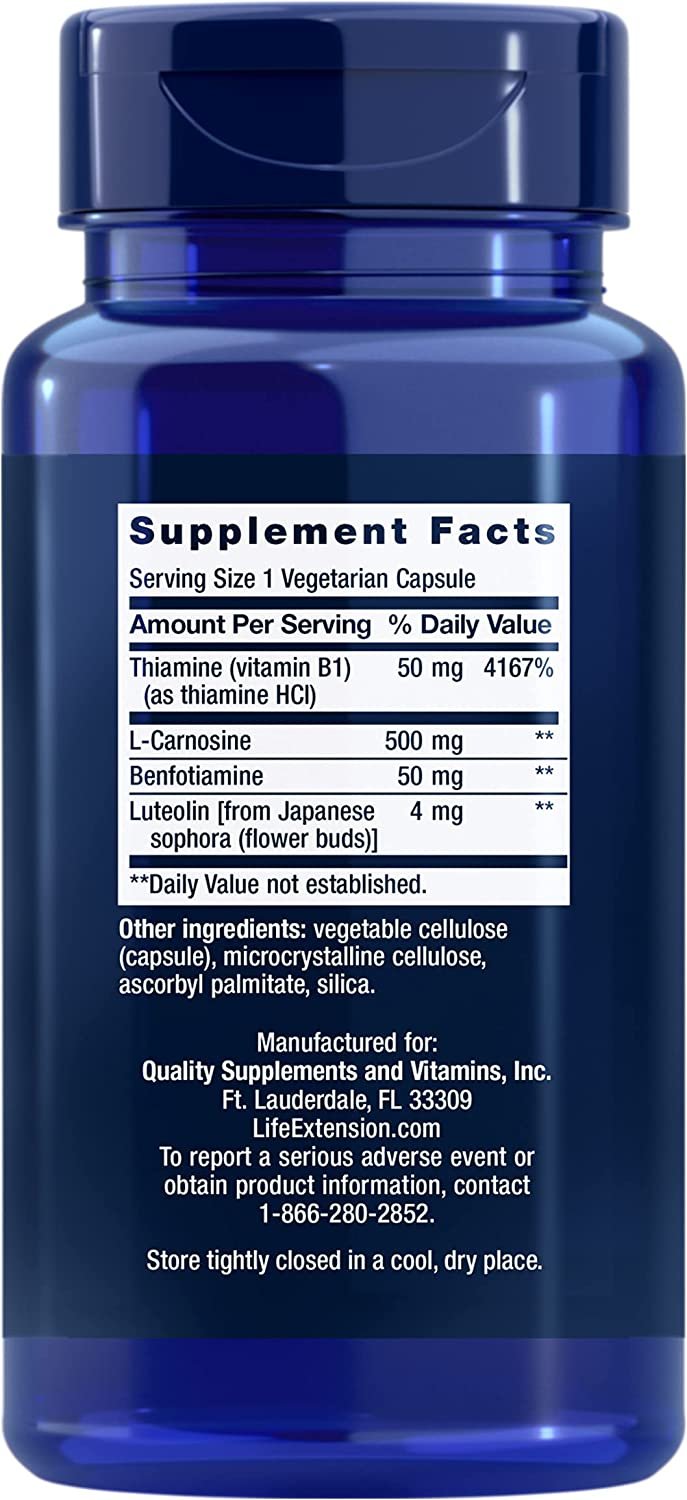 Life Extension Super Carnosine 500mg - For Muscle Recovery - L-Carnosine Supplement with Benfotiamine, Vitamin B1, Luteolin For Healthy Aging - Non-GMO, Gluten-Free - 60 Vegetarian Capsules