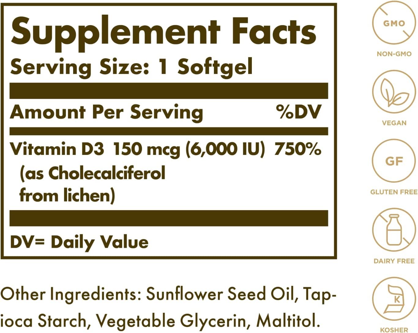 Solgar Vegan Vitamin D3 (Cholecalciferol) 150 mcg (6,000 IU) - 50 Softgels - Immune Support - Helps Maintain Healthy Bones & Teeth - Non-GMO, Certified Vegan, Gluten & Dairy Free - 50 Servings
