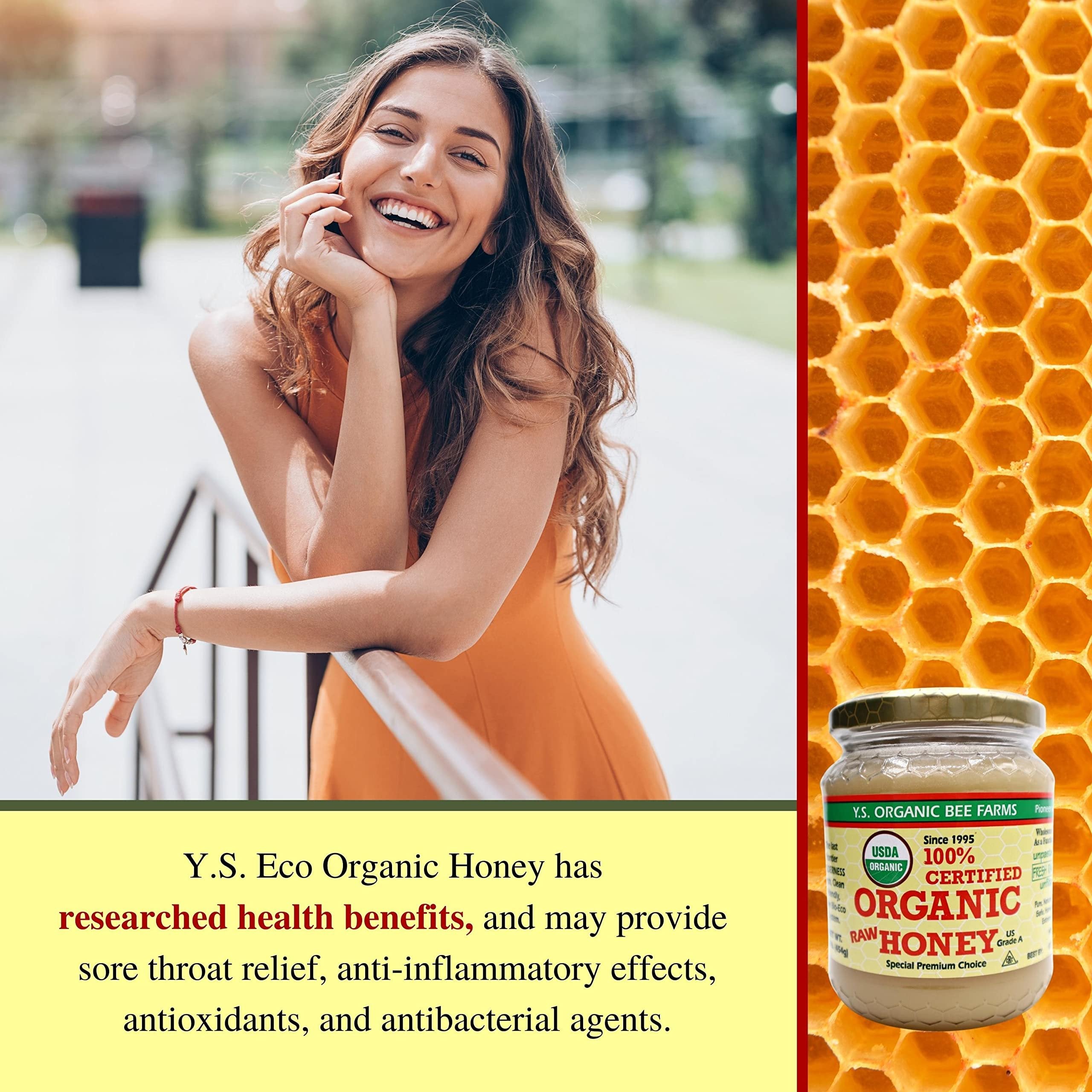 Y.S. Organic Bee Farms 100% Certified Y.S. Organic Raw Honey - Unpasteurized, Unfiltered, Pure Natural Honey - Gluten Free Organic Food and Natural Sweetener - 1 Lb Honey Jar with Bonus Key Chain