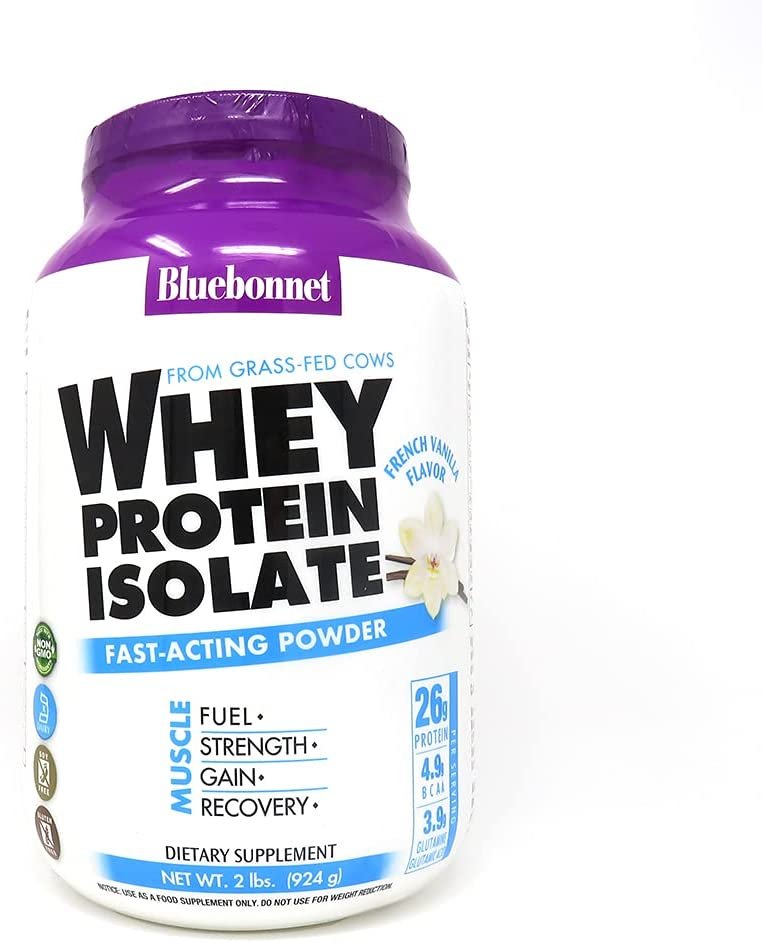 BlueBonnet Nutrition Whey Protein Isolate Powder From Grass Fed Cows, 26g of Protein, No Sugar Added, Non GMO, Gluten & Soy free, kosher Dairy, 2 Lbs, 28 Servings, French Vanilla Flavor