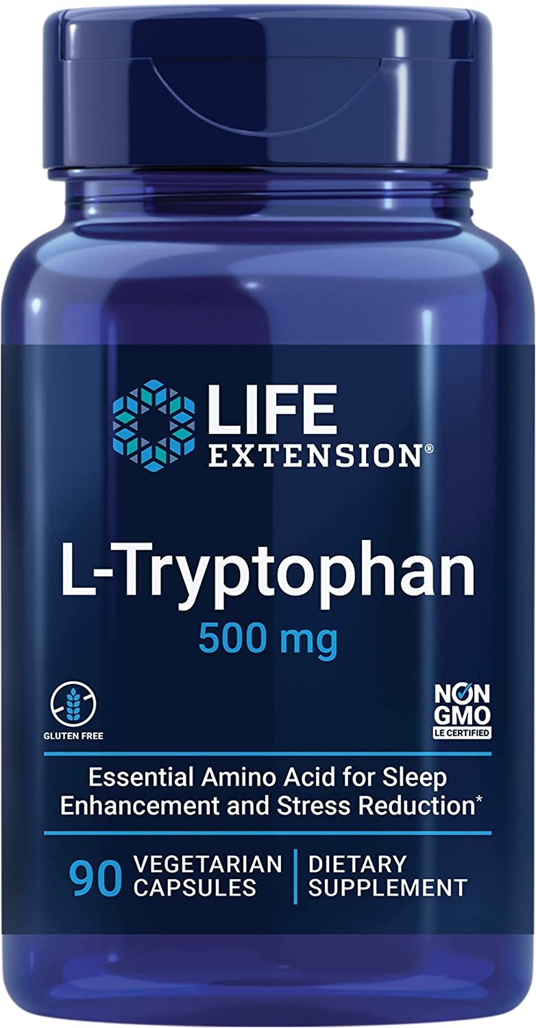 Life Extension L-Tryptophan 500 mg – L-Tryptophan Supplement Pills for Healthy Sleep and Stress Response Support – Gluten-Free, Non-GMO, Vegetarian – 90 Capsules