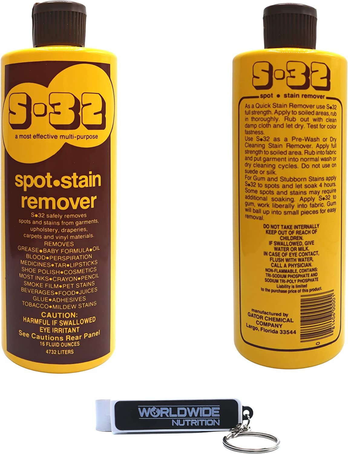 S-32 Liquid Spot and Stain Remover - Multipurpose Cleaner for Laundry, Carpet, Upholstery, and More - Professional Strength Stain Remover - 15 Fl Oz Bottle 4 Pack with Worldwide Nutrition Multi Purpose Key Chain