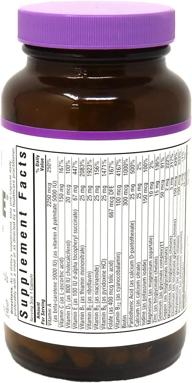 Bluebonnet Nutrition Multi One (Iron Free) Vegetable Capsules, Complete Full Spectrum Multiple, B Vitamins, General Health, Gluten & Milk Free, Kosher, 3 Month Supply, White, 90 Count