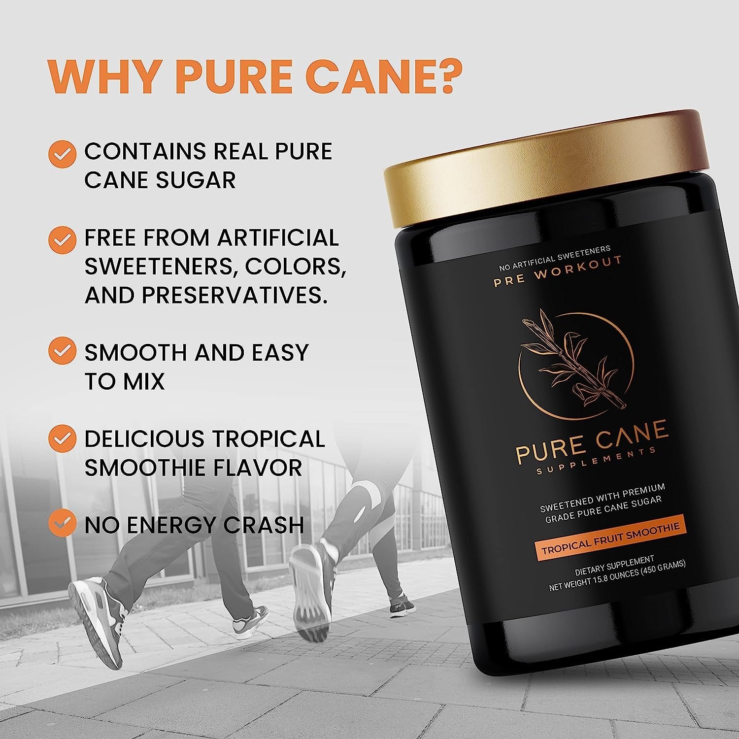 Pure Cane Natural Pre Workout Powder for Men & Women - No Artificial Sweeteners, Sweetend With Natural Pure Cane Sugar- Tropical Fruit Smoothie