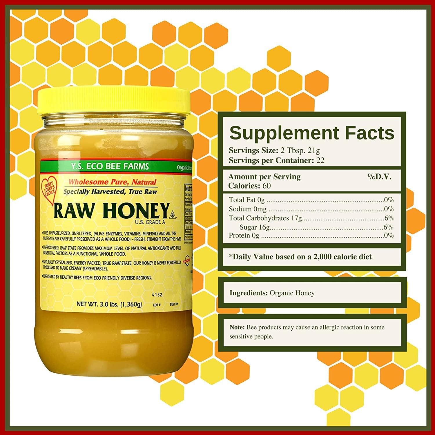 Y.S. Eco Bee Farms, Y.S. Organic Bee Farms, Wholesome Natural Raw Honey, Unpasteurized, Unfiltered, Fresh Raw State, Kosher, Pure, Natural, Healthy, Safe, Gluten Free, Specially Harvested, 3lb