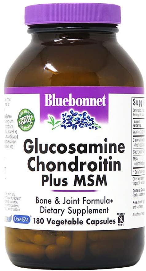 Bluebonnet Nutrition Glucosamine Chondroitin Plus MSM, Glucosamine, Chondroitin Sulfate, Vitamin C & OptiMSM, Bone & Joint Health, Non GMO, Gluten Free, Soy Free, Milk Free, 180 Vegetable Capsules