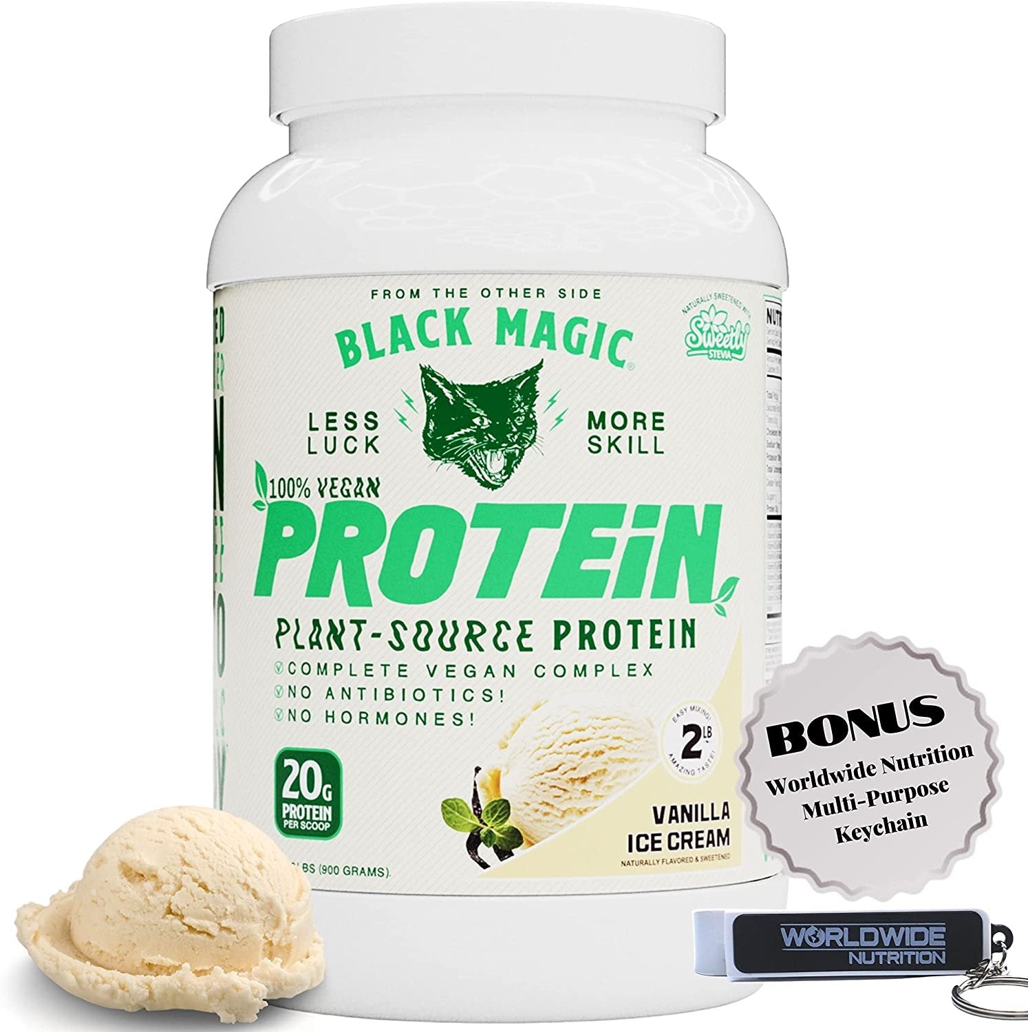 Vanilla Ice Cream Black Magic Multi-Source Protein - Whey, Egg, and Casein Complex with Enzymes & MCT Powder - Pre Workout and Post Workout - 24g Protein - 2 LB with Bonus Key Chain