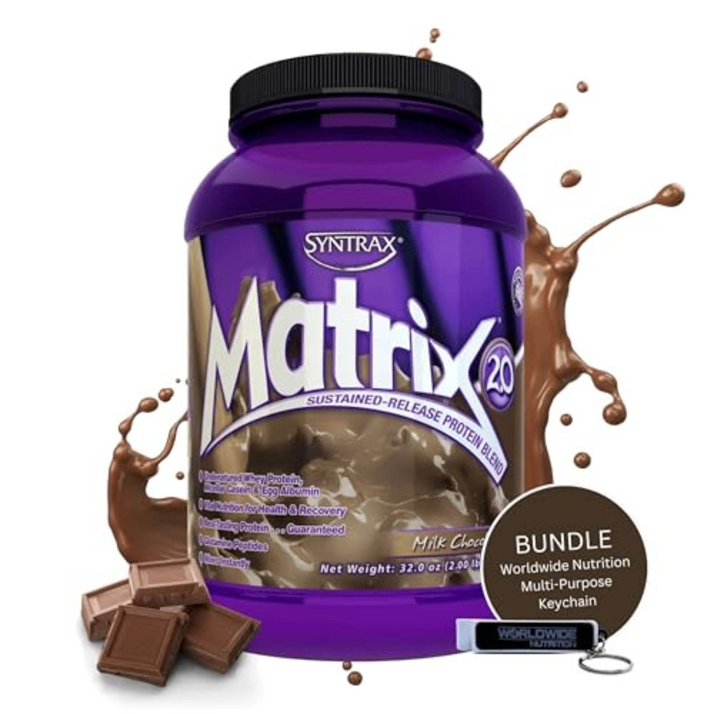 Syntrax Bundle, 2 Items: Matrix Milk Chocolate Whey Casein Blend Protein Powder - Instant Mix High Protein Powder 2lb Kosher and Halal Whey Protein with Worldwide Nutrition Keychain