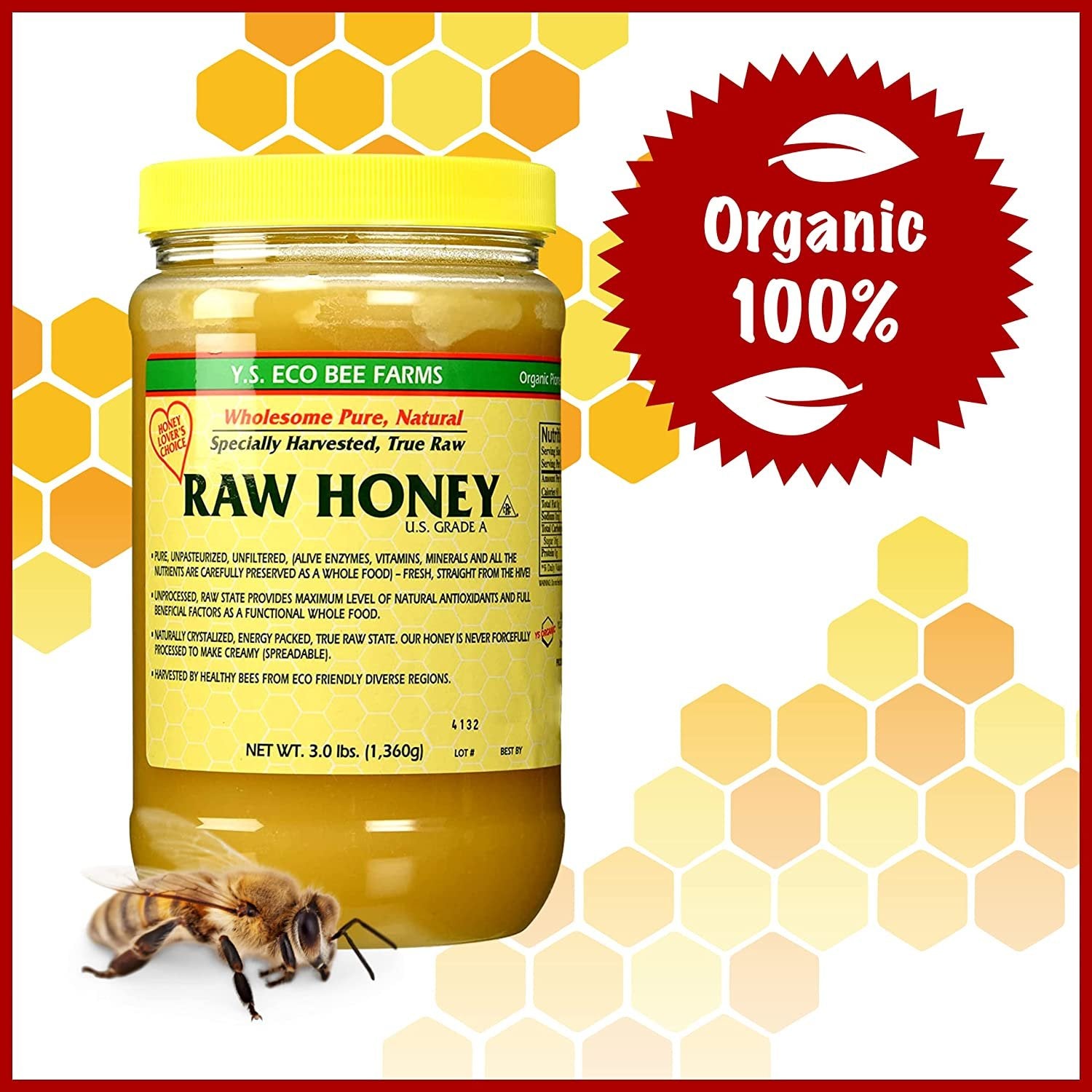 Y.S. Eco Bee Farms, Wholesome Natural Raw Honey, Unpasteurized, Unfiltered, Fresh Raw State, Kosher, Pure, Natural, Healthy, Safe, Gluten Free, Specially Harvested, 3lb - with Bonus Key Chain