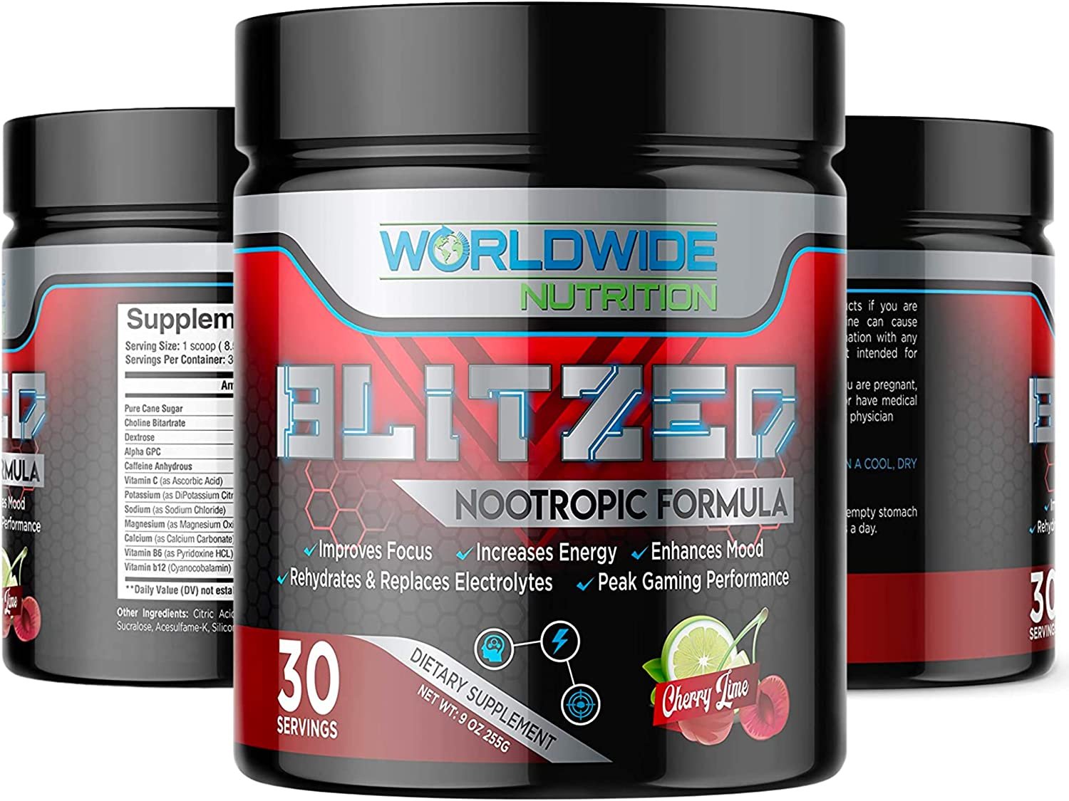 Worldwide Nutrition Blitzed Nootropic Formula - All Natural Energy Drink Mix Powder - Brain Supplements for Memory and Focus - Enhanced Focus and Energy Supplement- Cherry Lime Flavor - 30 Servings