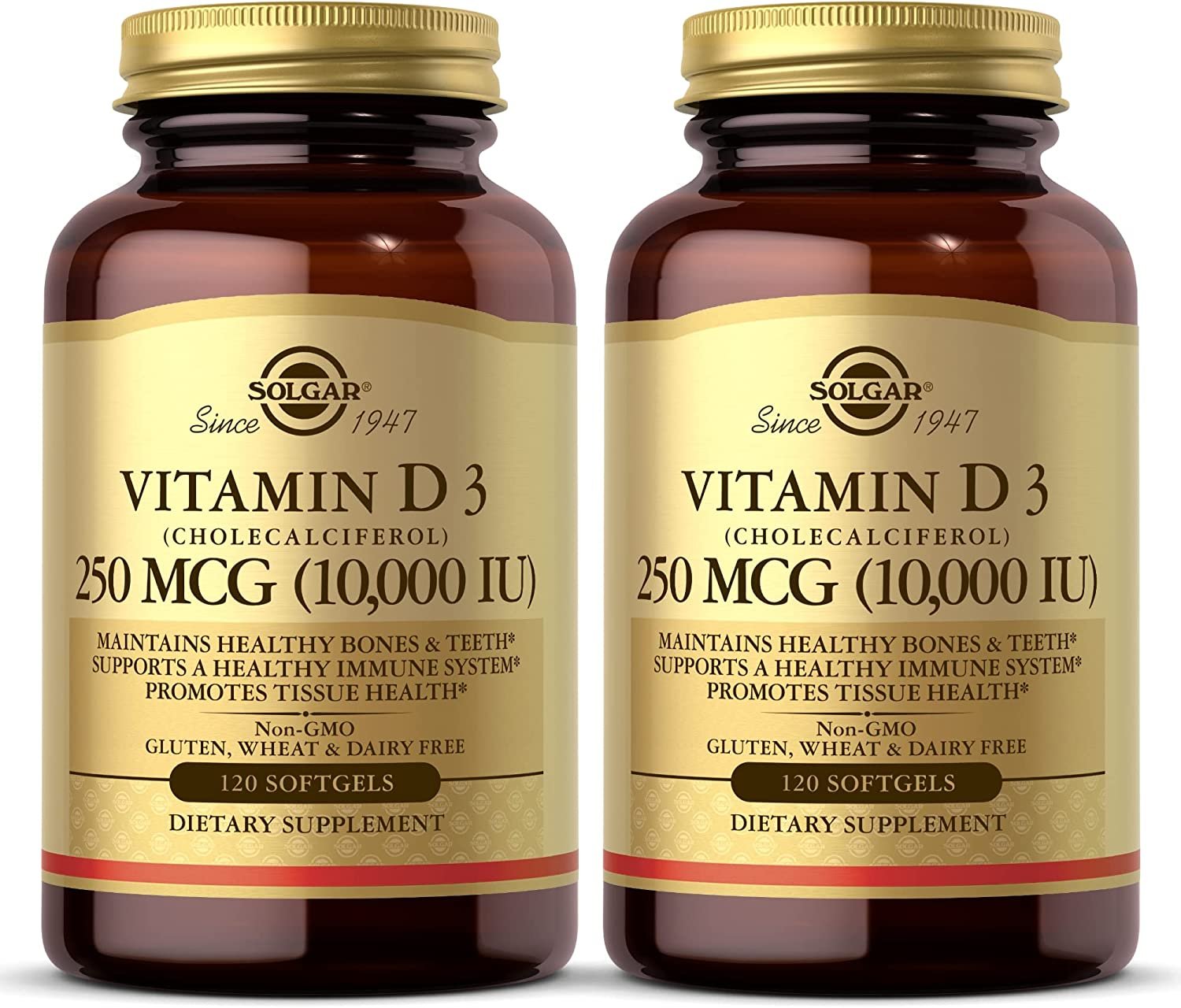 Solgar Vitamin D3 (Cholecalciferol) 250 MCG (10,000 IU) - Helps Maintain Healthy Bones & Teeth - Immune System Support - Non-GMO, Gluten Free, Dairy Free - 120 Servings, 120 Count (Pack of 2)