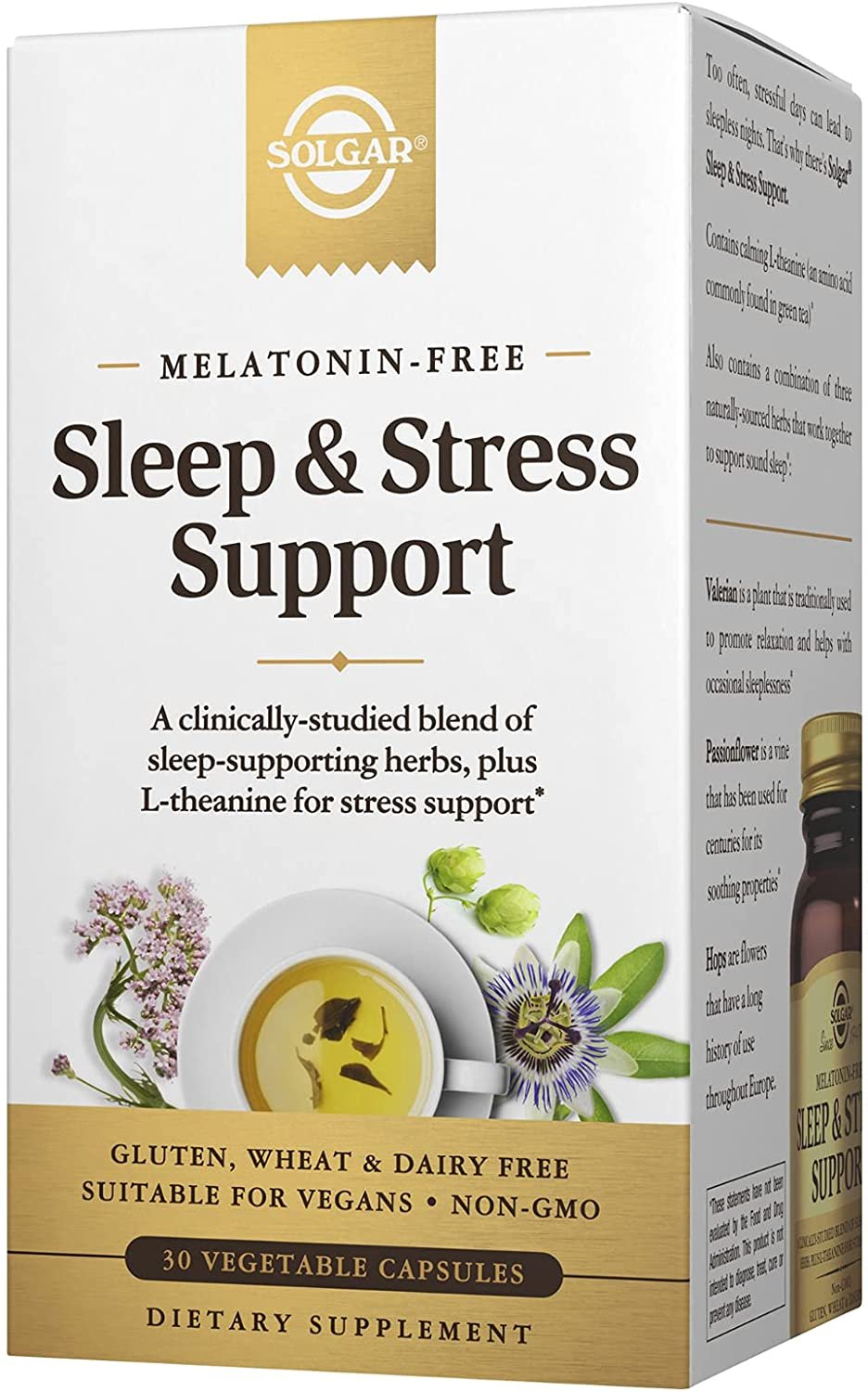 Solgar Sleep & Stress Support, Vegetable Capsules, Melatonin Free, Helps Relax, Calm You, Fall Asleep Quickly, Improve Sleep Quality with Valerian, Passionflower, Hops, Non-GMO, 15 Servings, 30 Count