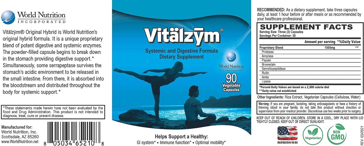 VITÄLZYM Original Proteolytic Systemic Digestive Enzyme Formula Serrapeptase Source | Immune and Joint Support Increase Blood Flow Cardio Function | Healthy Men Women (450 Capsules)