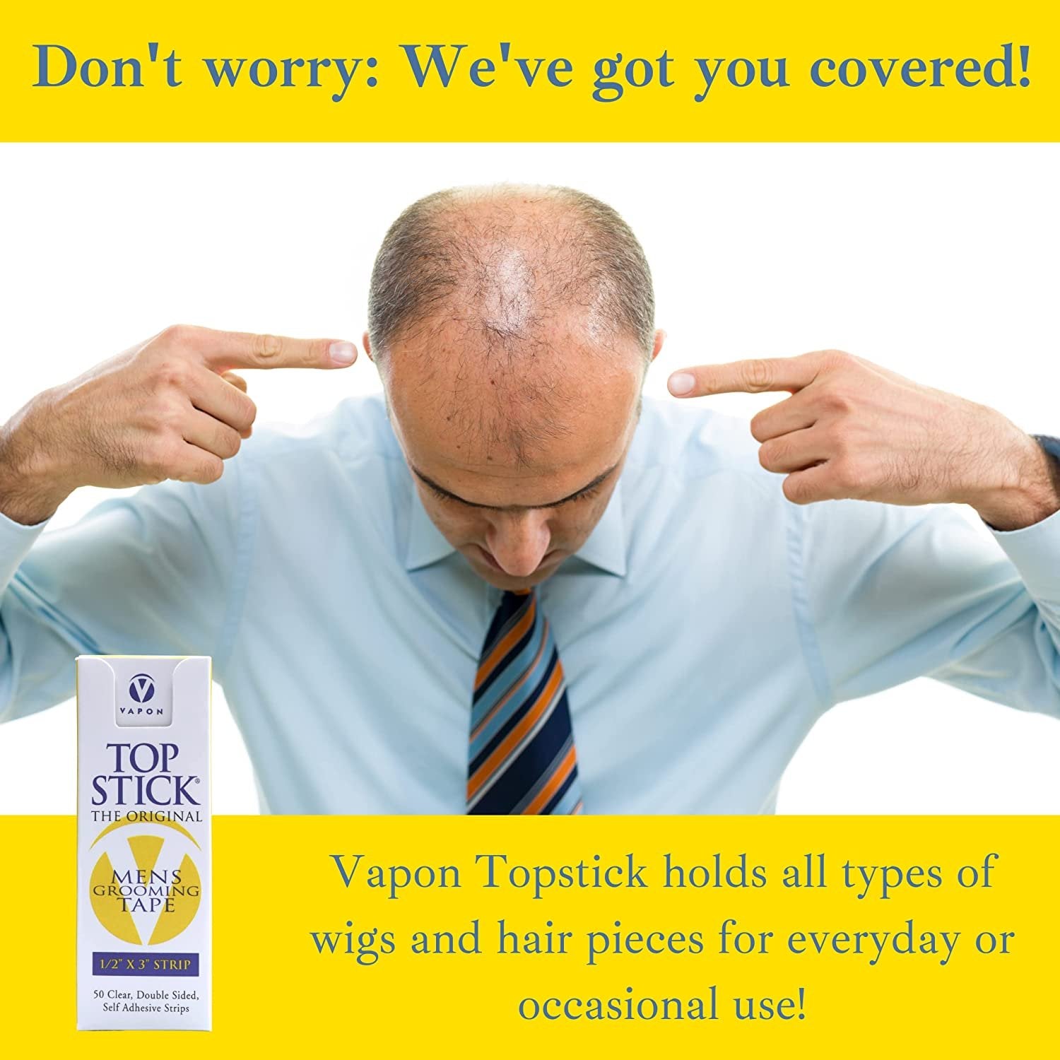 Vapon Topstick - The Original Men's Grooming Tape - 50 Count 1/2" x 3" Double Sided, Self Adhesive, Clear Tape for Toupee and Wig Adhesion - Hypo Allergenic, Waterproof, and Latex Free