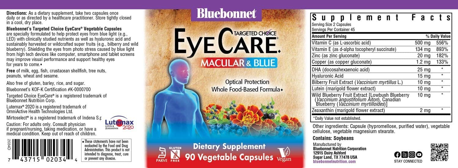 Bluebonnet Nutrition Targeted Choice Eye Care, Supports Eye Health and Macular Protection, Gluten & Dairy Free, Kosher-Certified, Vegan, 45 Servings, Light Grey, Macular & Blue, 90 Count