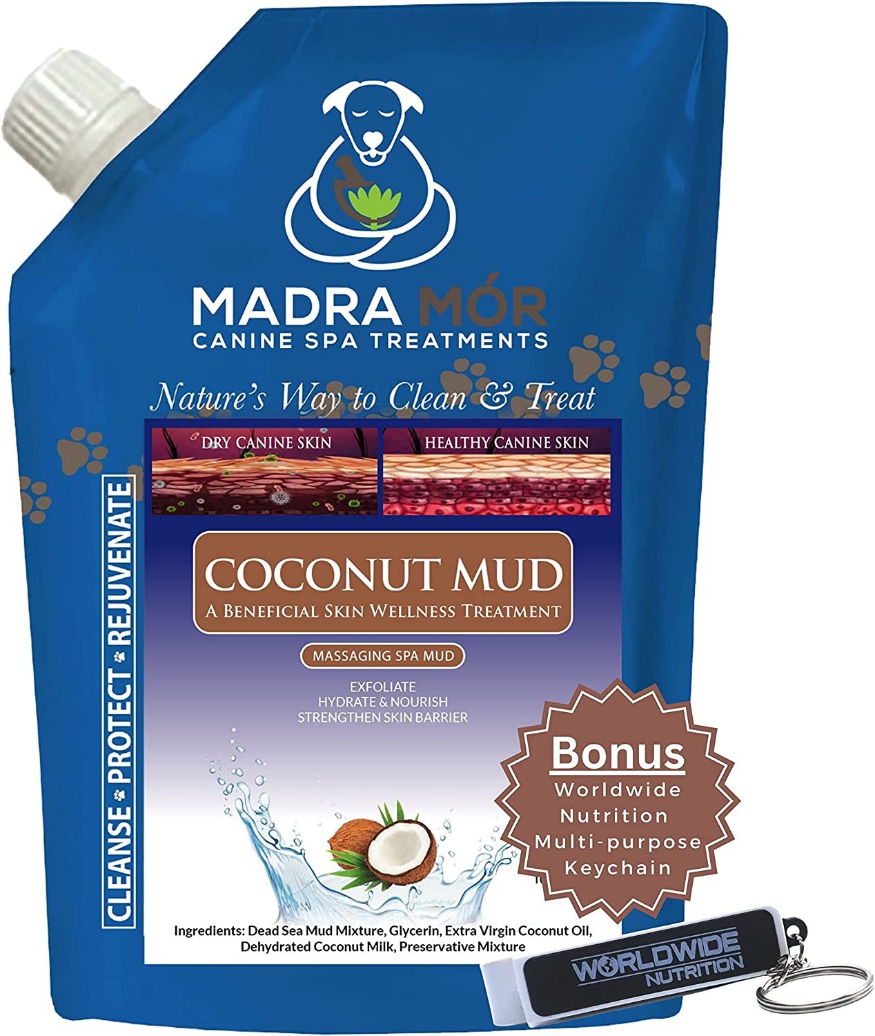 Madra Mor Massaging SPA Mud - Luxurious Dog Skin Wellness Treatment - Cleanse - Protect - Rejuvenate - Coconut Mud - 1 Pack (10oz) - with Multi-Purpose Key Chain