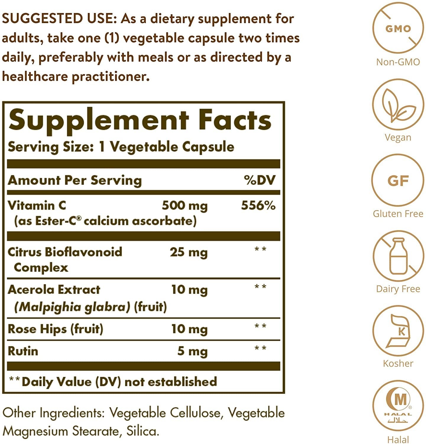 Solgar Ester-C Plus 500 mg Vitamin C (Ascorbate Complex) - Gentle & Non Acidic - Antioxidant & Immune Support - 100 Vegetable Capsules (100 Servings)
