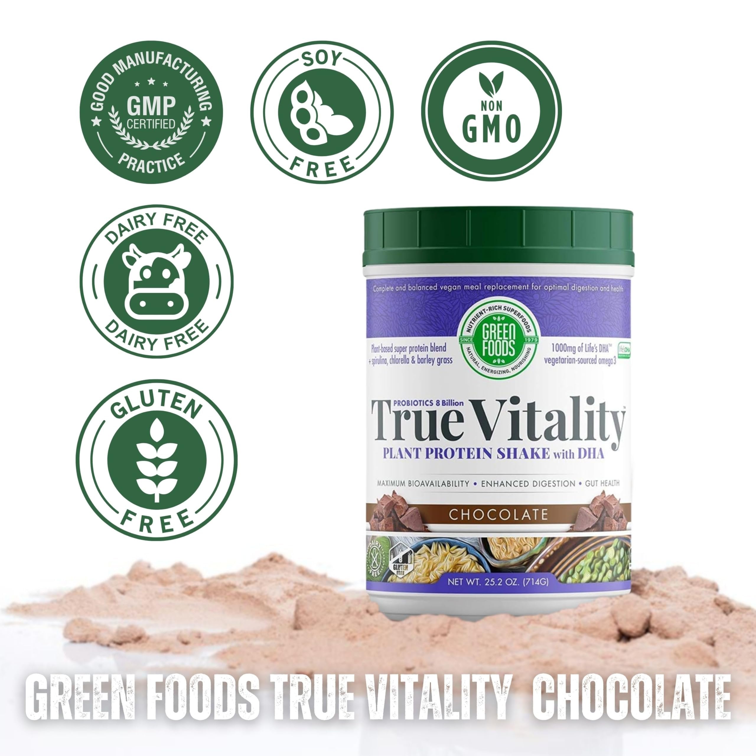 Green Foods True Vitality Plant Protein Shake with DHA Chocolate- 25.2 oz Protein Powder Gluten Free Breakfast Shake Powder and Multi-Purpose Key Chain