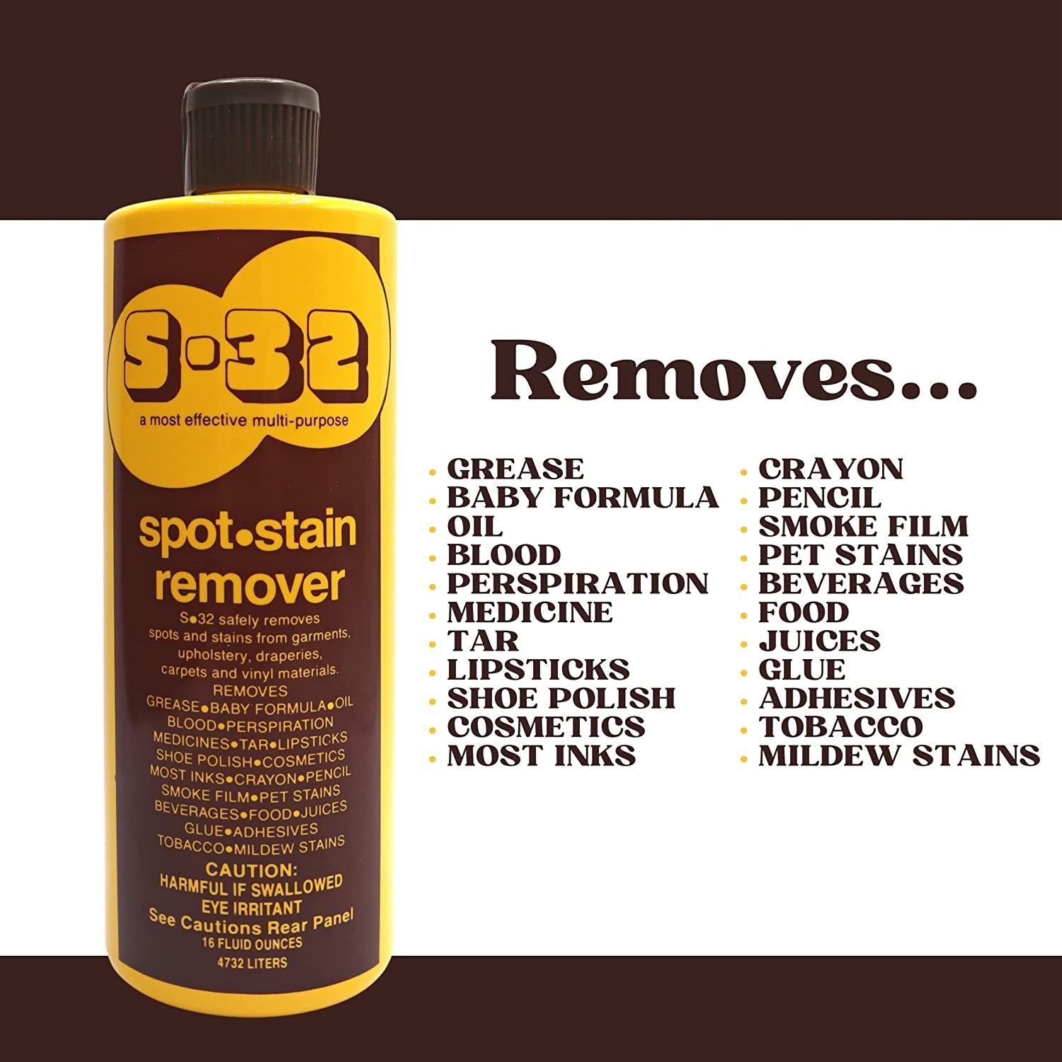 S-32 Liquid Spot and Stain Remover - Multipurpose Cleaner for Laundry, Carpet, Upholstery, Drapery, and Vinyl Material - Full Strength Stain Remover - 15 Fl Oz Bottle