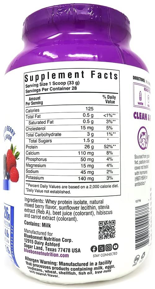 Bluebonnet Nutrition Whey Protein Isolate Powder, Whey From Grass Fed Cows, 26g of Protein, No Sugar Added, Non GMO, Gluten Free, Soy free, kosher Dairy, 2 Lbs, 28 Servings, Mixed Berry Flavor