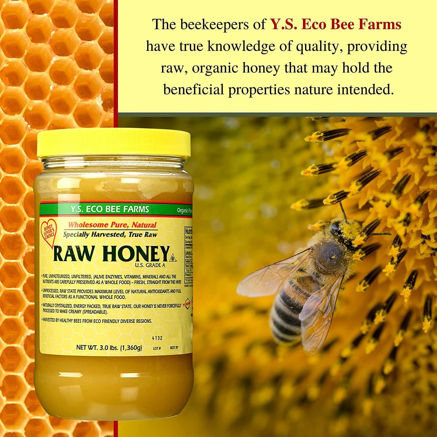 Y.S. Eco Bee Farms, Y.S. Organic Bee Farms, Wholesome Natural Raw Honey, Unpasteurized, Unfiltered, Fresh Raw State, Kosher, Pure, Natural, Healthy, Safe, Gluten Free, Specially Harvested, 3lb