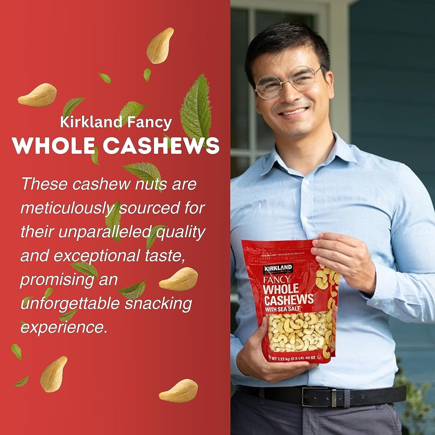 Kirkland Fancy Whole Cashews - Kirkland's Finest Selection of Large Whole Cashews Lightly Salted - Unforgettable Flavor Experience Cashew Nuts - 40oz Premium Cashew Snacks