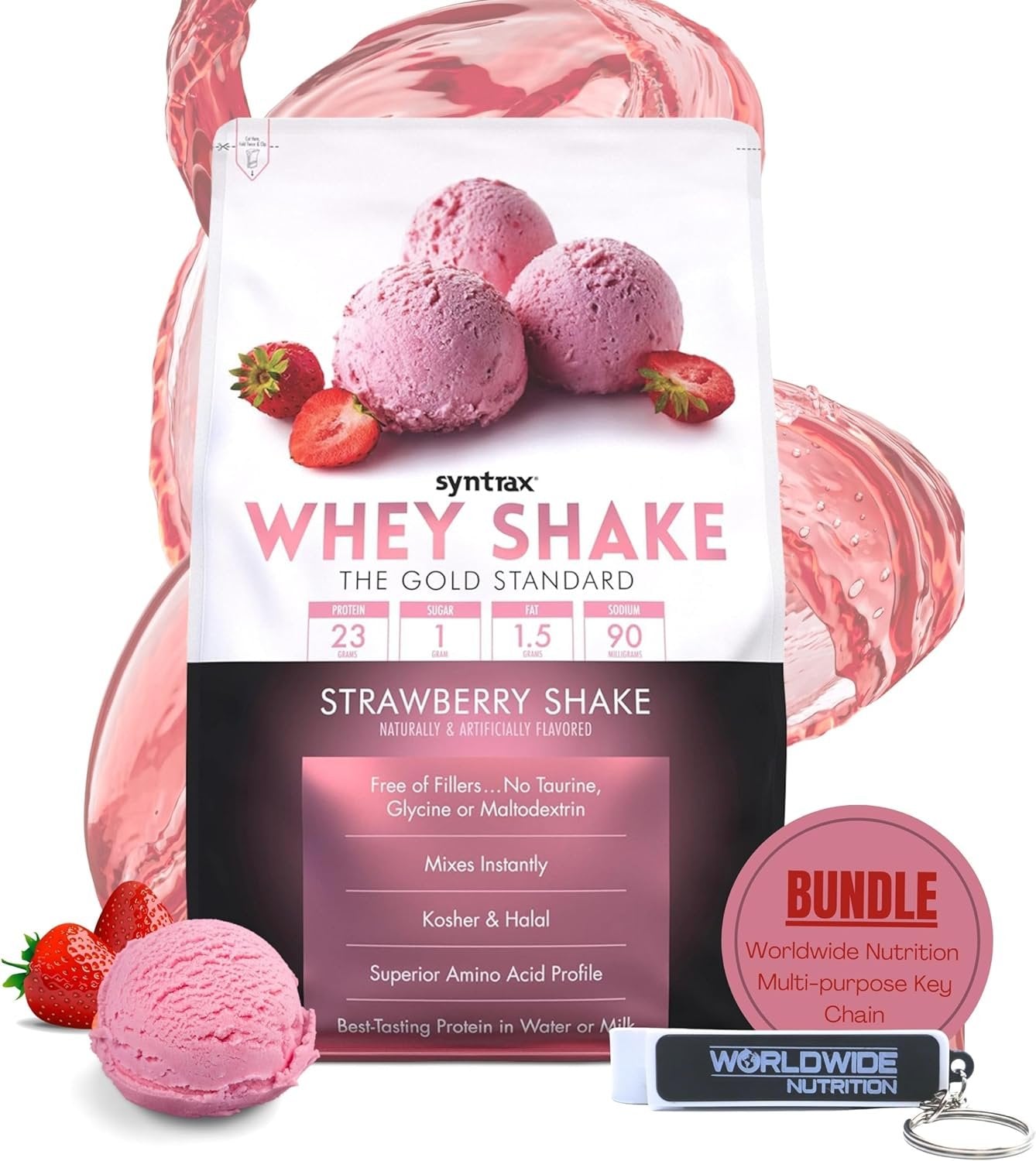 Syntrax Bundle, 2 Items Whey Shake Strawberry Shake Native Grass-Fed Wholesome Denatured Whey Protein Concentrate with Glutamine Peptides 2 Pounds with Worldwide Nutrition Keychain