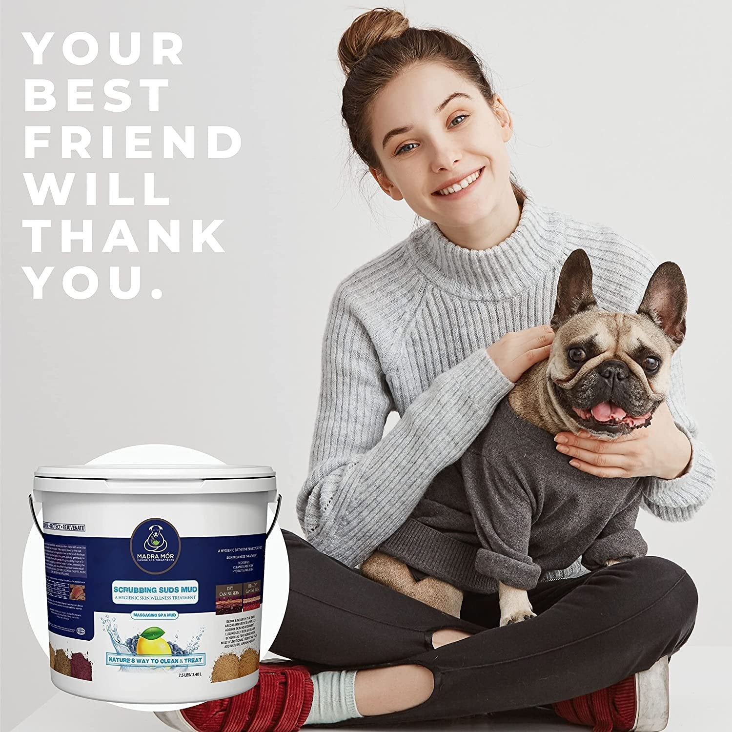 Madra Mor Scrubbing Suds Dog Essentials Spa Mud | Dog Bath for Dog Grooming | Dry Skin for Dogs Treatment | Dog Coat Skin Care Products | 7.5lb Pail w Worldwide Nutrition Multi Purpose Key Chain